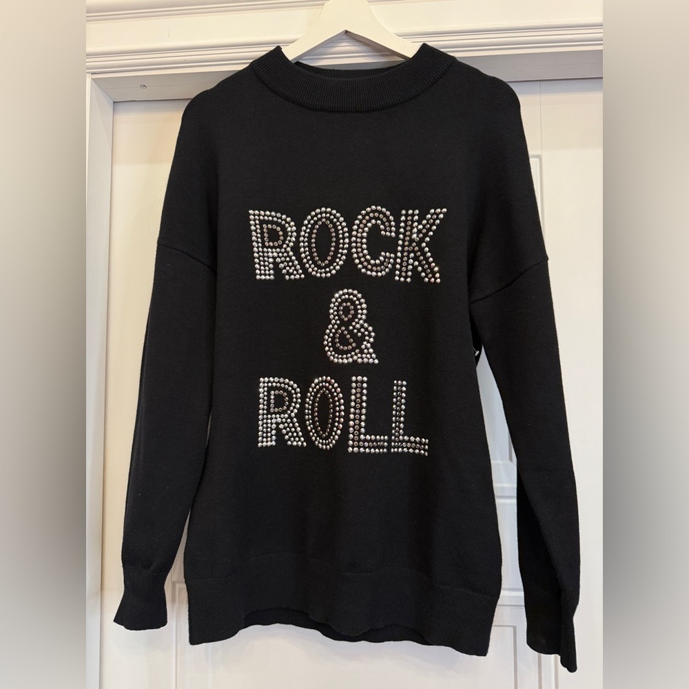 Frank Lyman Design Montreal Black Sweater with Rock & Roll Design studded bling